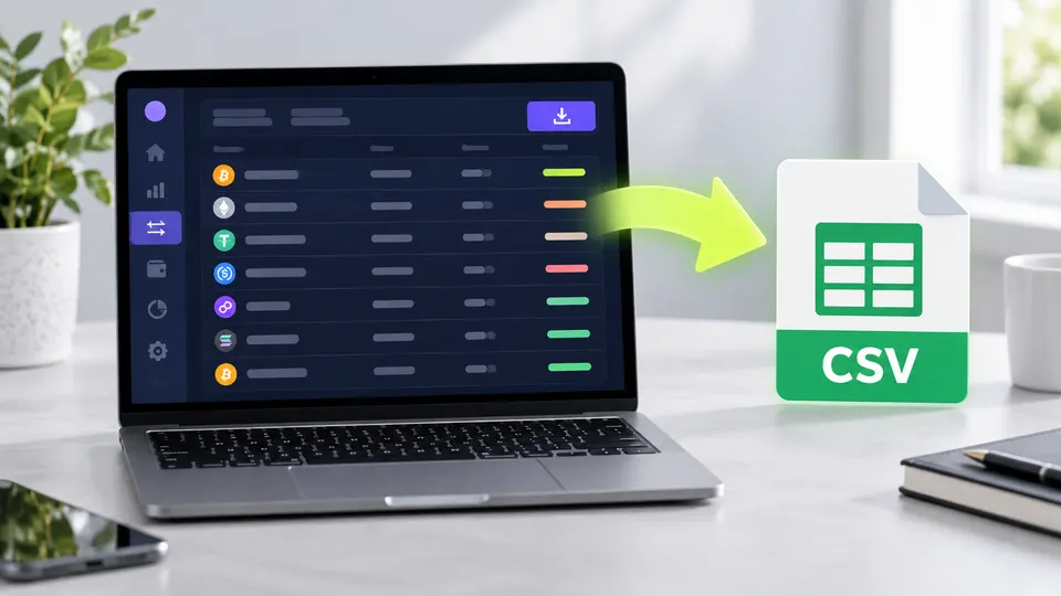 Bärbar dator med en transaktionslista från en kryptobörs som exporteras till en CSV-fil.