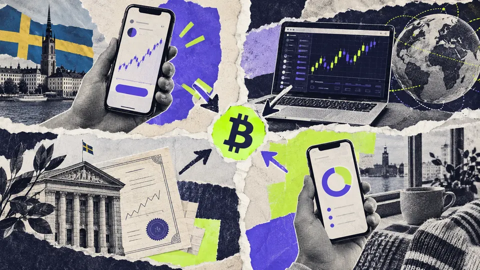Collage med fyra vägar som pekar mot en bitcoinsymbol: en mobilapp framför Stockholm, en handelsplattform i en bärbar dator, ett värdepappersdokument framför en börsbyggnad och en bankapp i en mobil.